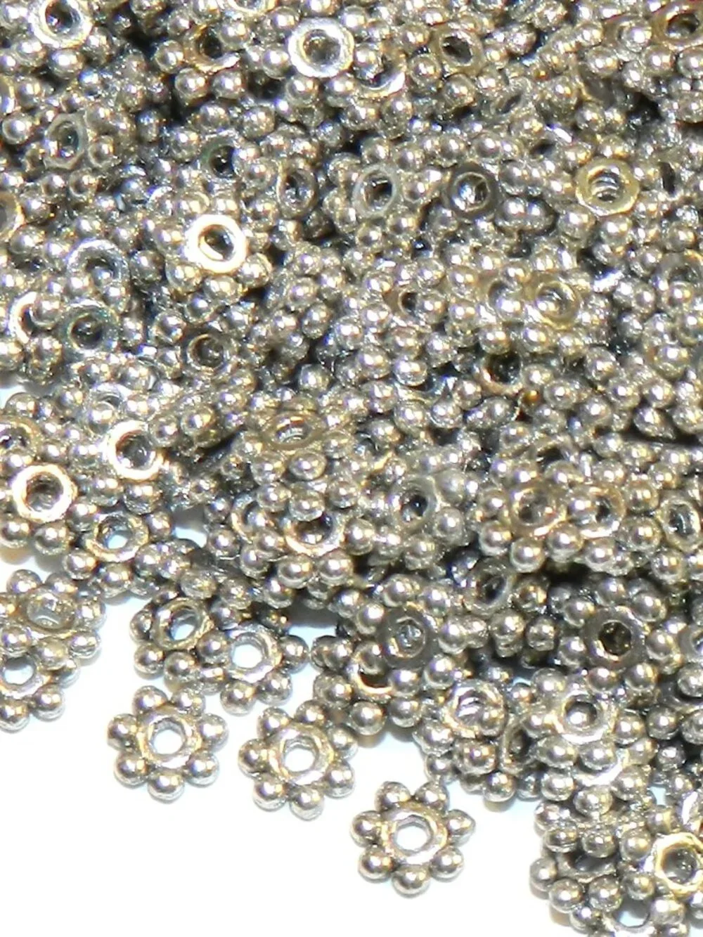 MB7314 Antiqued Silver 4mm Round Dotted Daisy Flower Rondelle Metal Bead 50pc